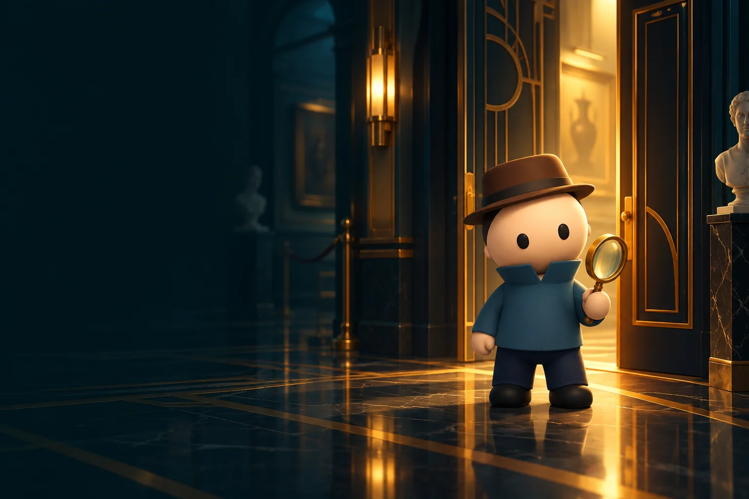 A tiny detective in a fedora investigates a lamplit Art Deco gallery with a magnifying glass.